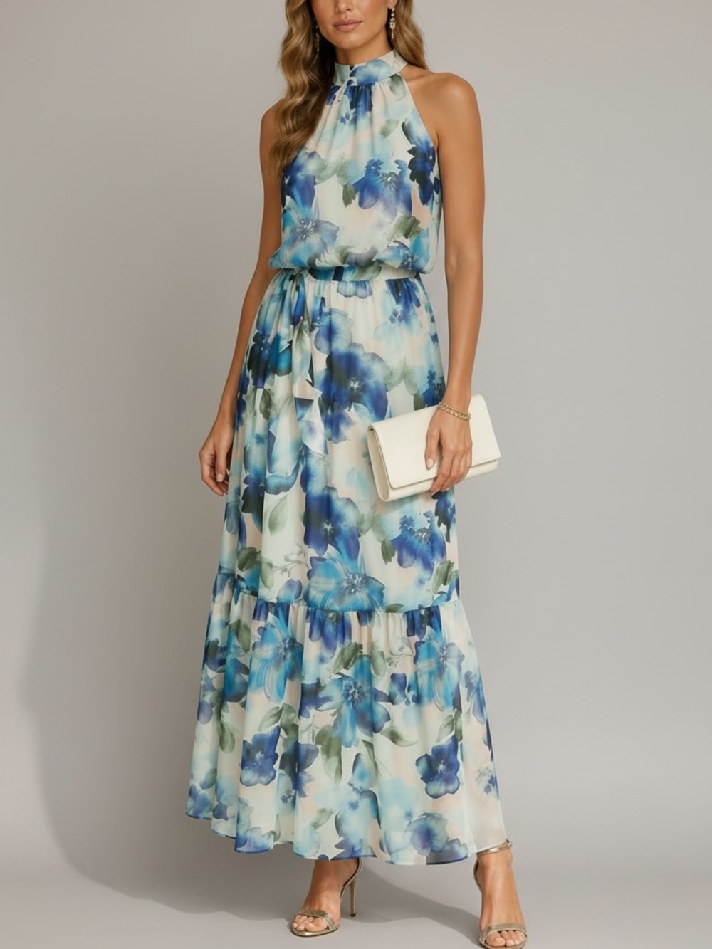 NWT JULIA JORDAN Floral Sleeveless Halter Neck Tiered Ruffle Maxi Dress Size 6